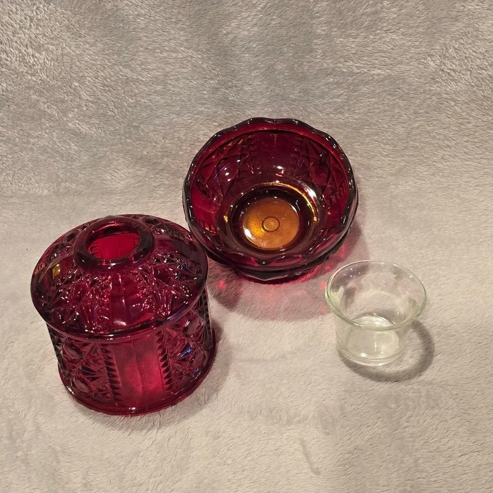 Vintage Indiana Glass Stars and Bars Ruby Flash‎ Red Fairy Lamp Candle Holder